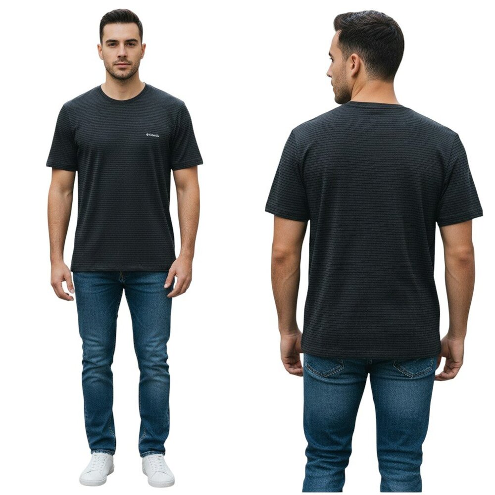 Columbia XL Gray Striped Performance Tee • Stretch Active Shirt Casual Sporty